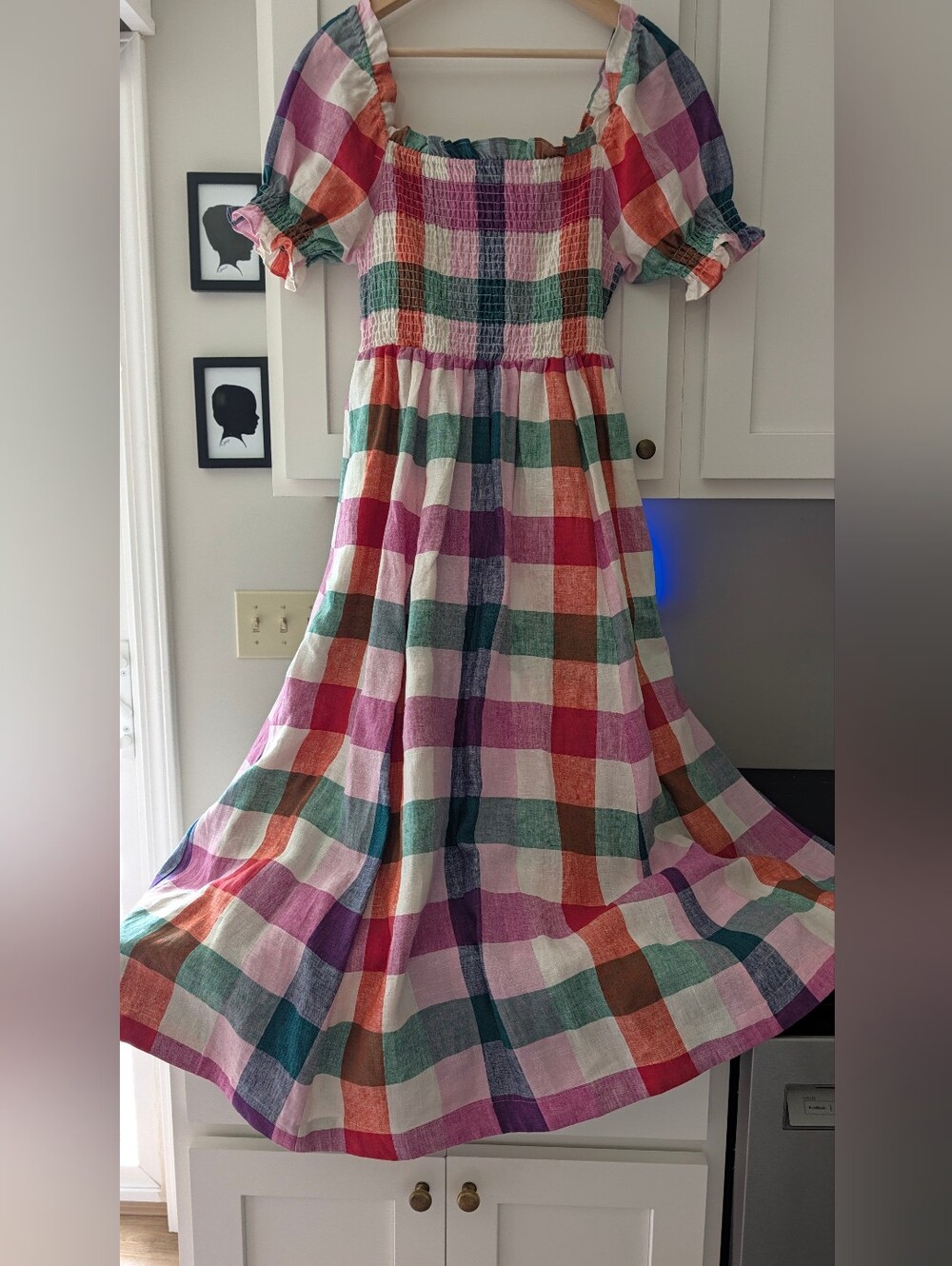 Boden Sky Smocked Linen Midi Dress Multicolor Gingham 6P Petite